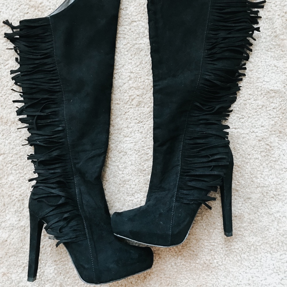 Qupid Over the Knee Fringe Boots